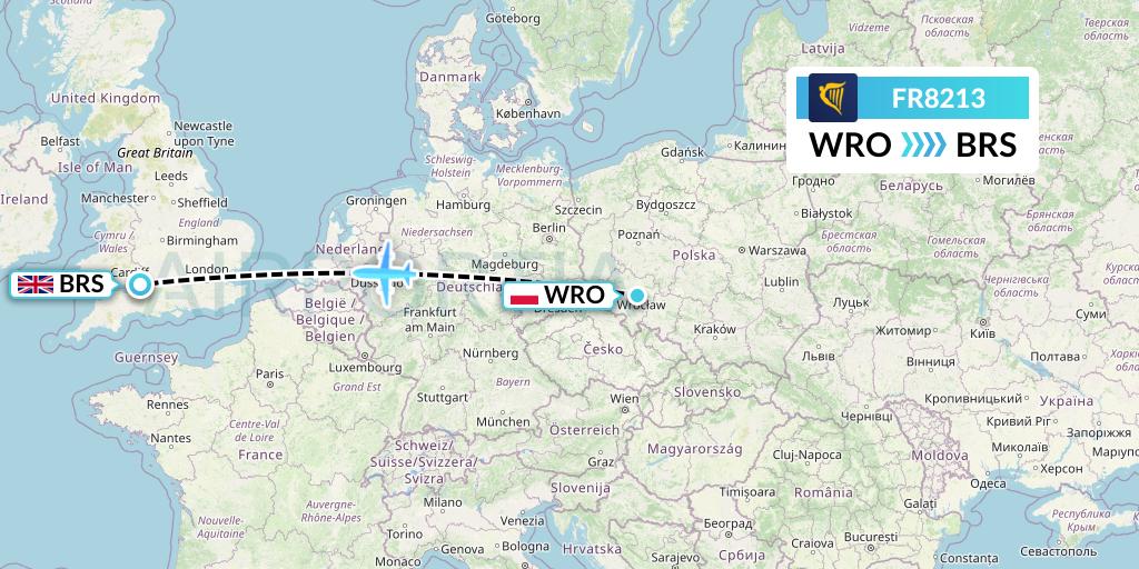 FR8213 Ryanair Flight Map: Wroclaw to Bristol