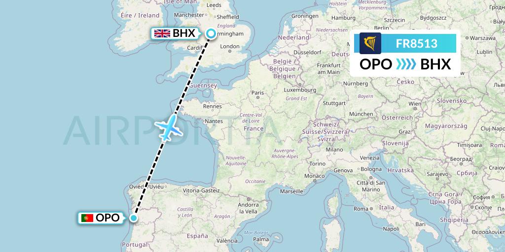 FR8513 Ryanair Flight Map: Porto to Birmingham