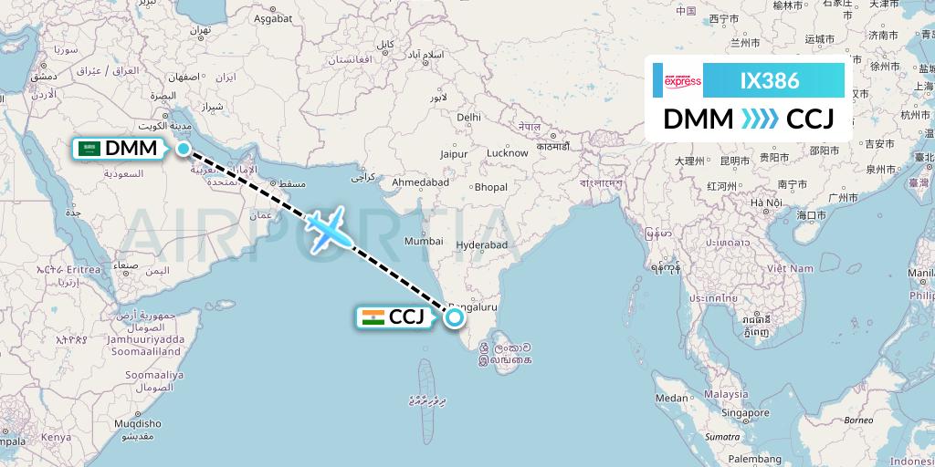 IX386 Air India Express Flight Map: Dammam to Kozhikode