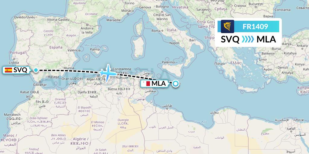 FR1409 Ryanair Flight Map: Seville to Malta