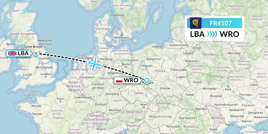 FR4107 Ryanair Flight Map: Leeds to Wroclaw