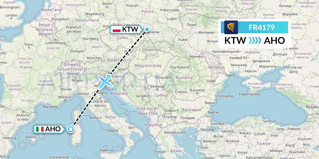FR4179 Ryanair Flight Map: Katowice to Alghero
