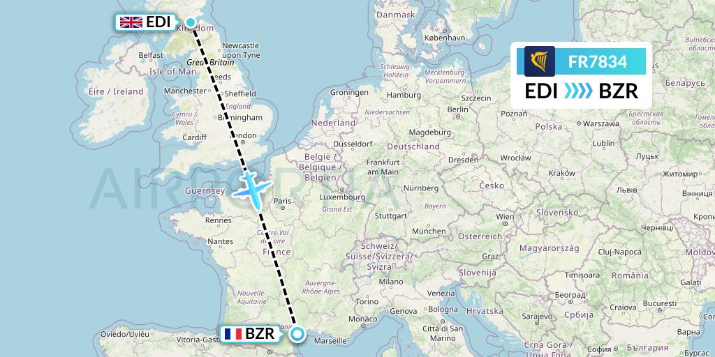 FR7834 Ryanair Flight Map: Edinburgh to Beziers