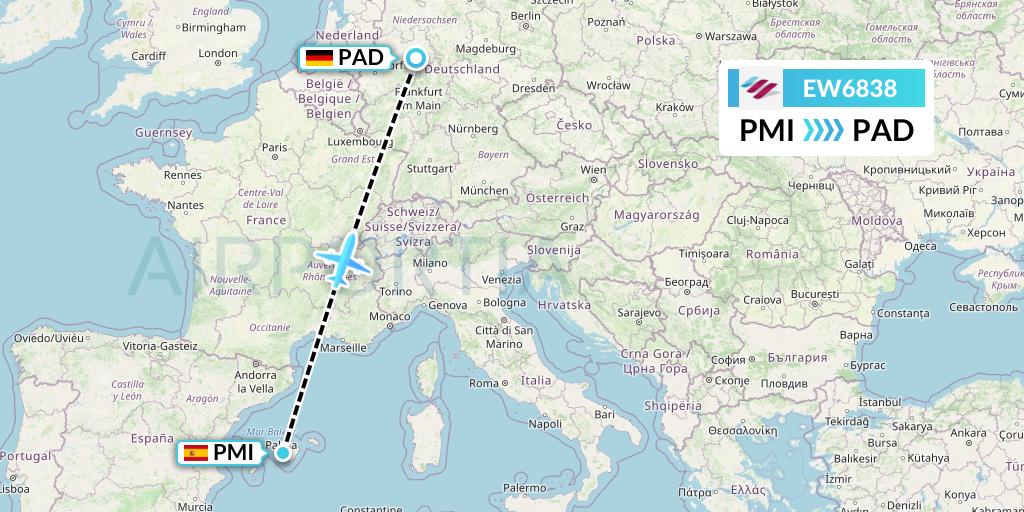 EW6838 Eurowings Flight Map: Palma de Mallorca to Paderborn