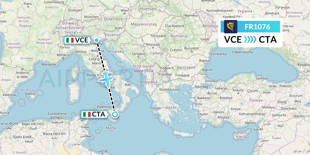 FR1076 Ryanair Flight Map: Venice to Catania
