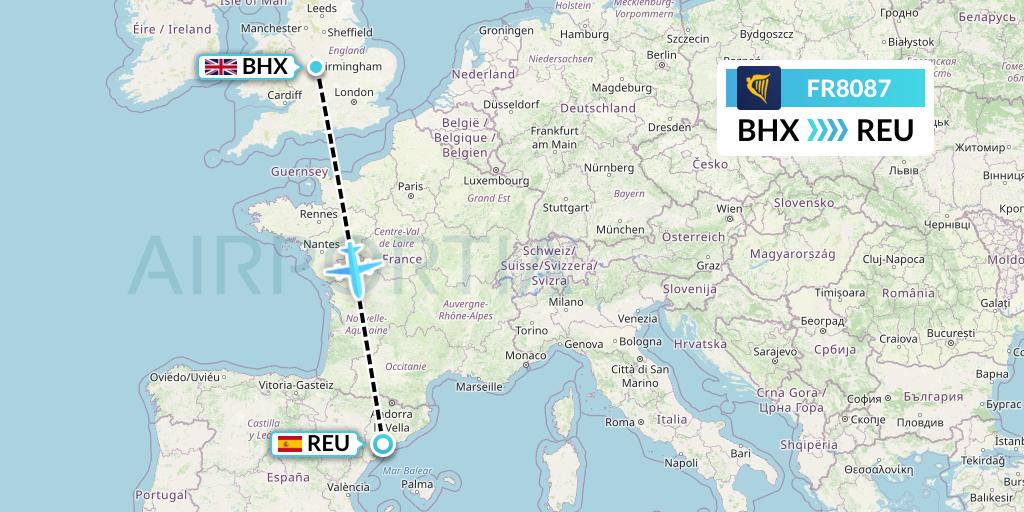FR8087 Ryanair Flight Map: Birmingham to Reus