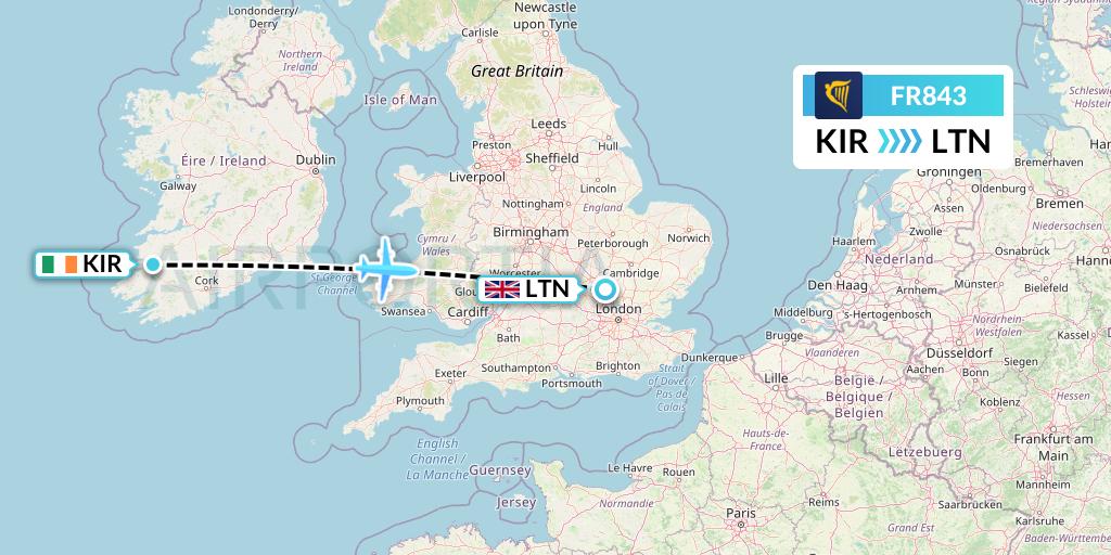FR843 Ryanair Flight Map: Kerry to London