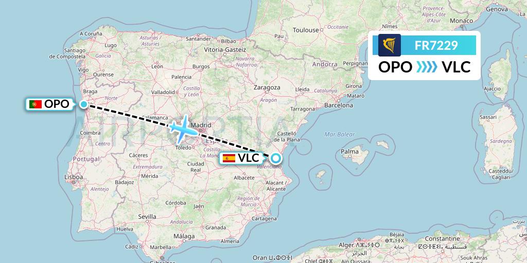 FR7229 Ryanair Flight Map: Porto to Valencia