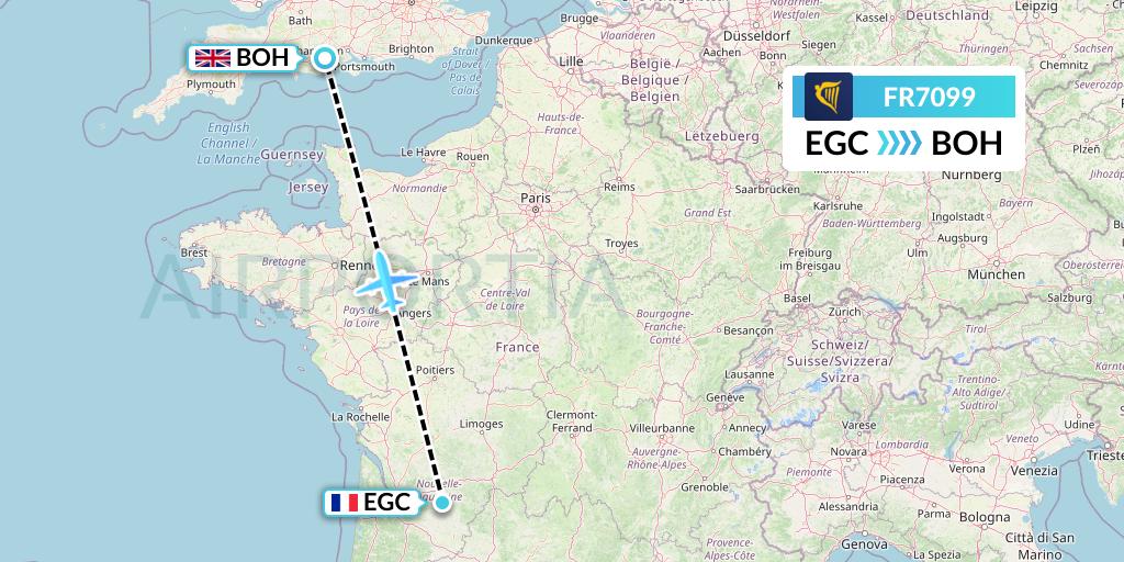 FR7099 Ryanair Flight Map: Bergerac to Bournemouth