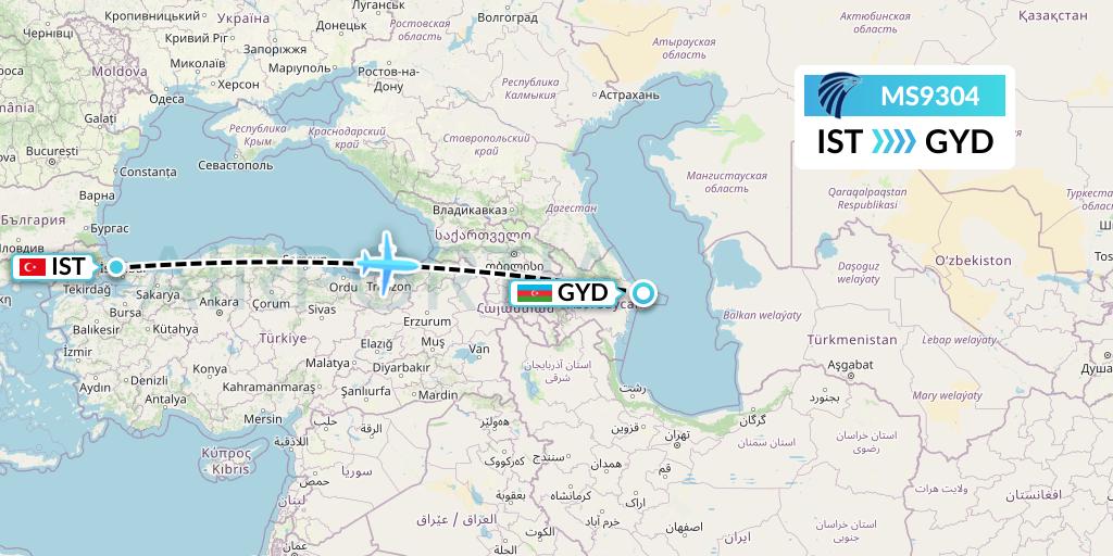 MS9304 EgyptAir Flight Map: Istanbul to Baku