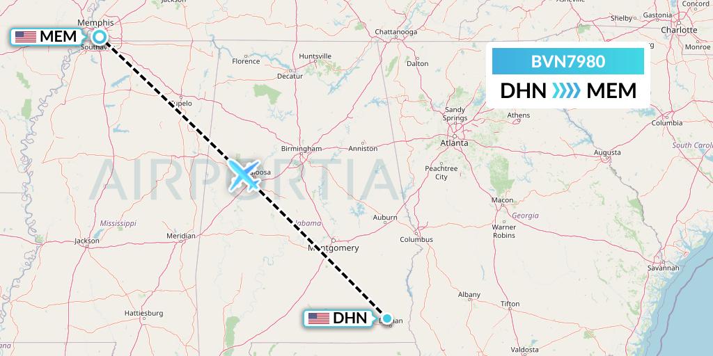 BVN7980 Baron Aviation Services Flight Map: Dothan to Memphis