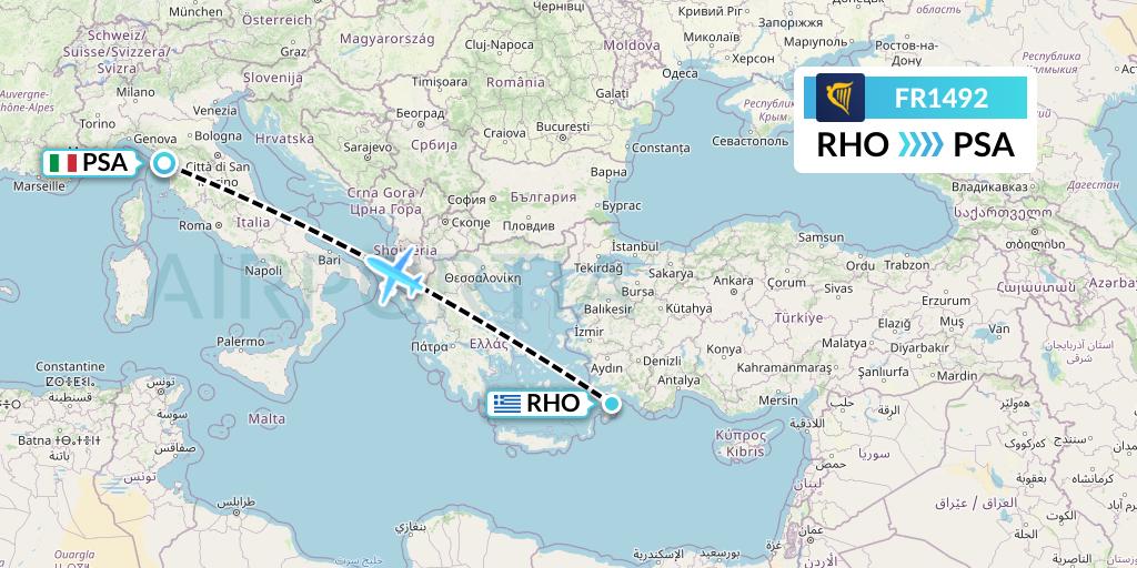 FR1492 Ryanair Flight Map: Rhodes to Pisa