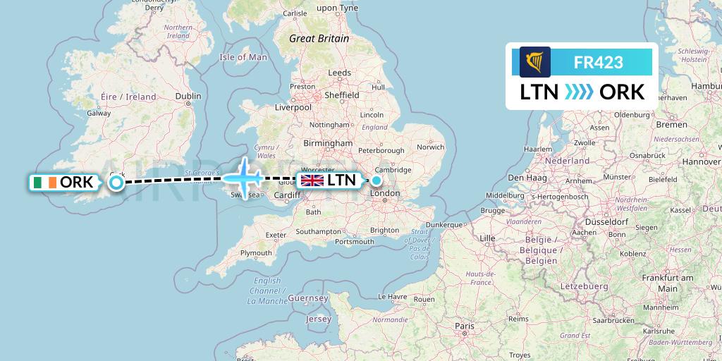 FR423 Ryanair Flight Map: London to Cork