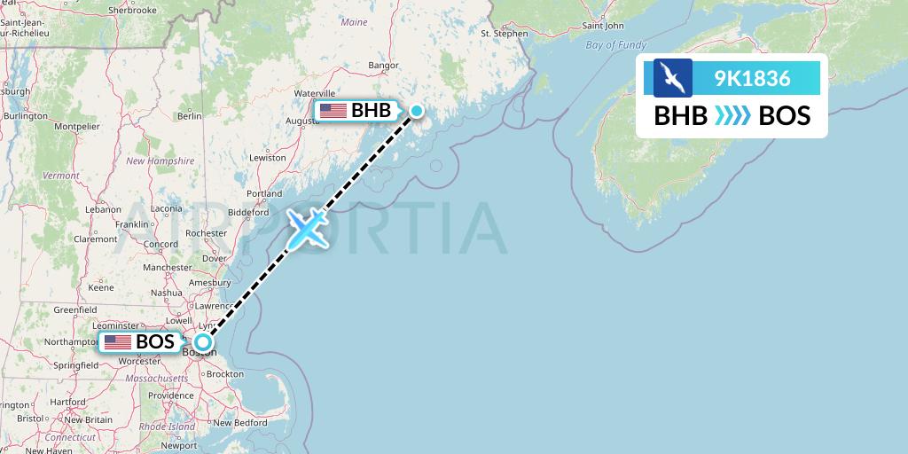 9K1836 Cape Air Flight Map: Bar Harbor to Boston