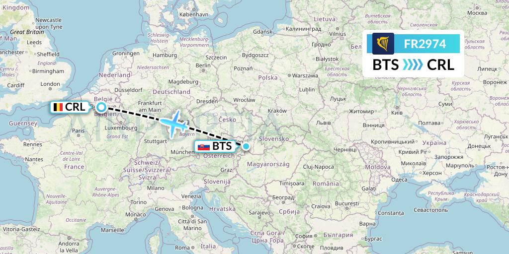 FR2974 Ryanair Flight Map: Bratislava to Brussels