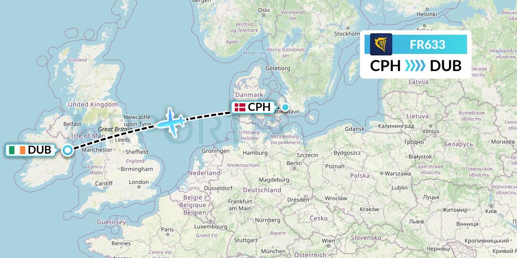 FR633 Ryanair Flight Map: Copenhagen to Dublin