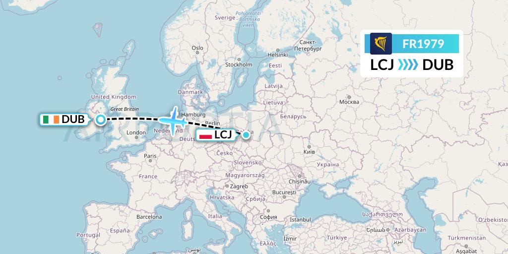 FR1979 Ryanair Flight Map: Lodz to Dublin