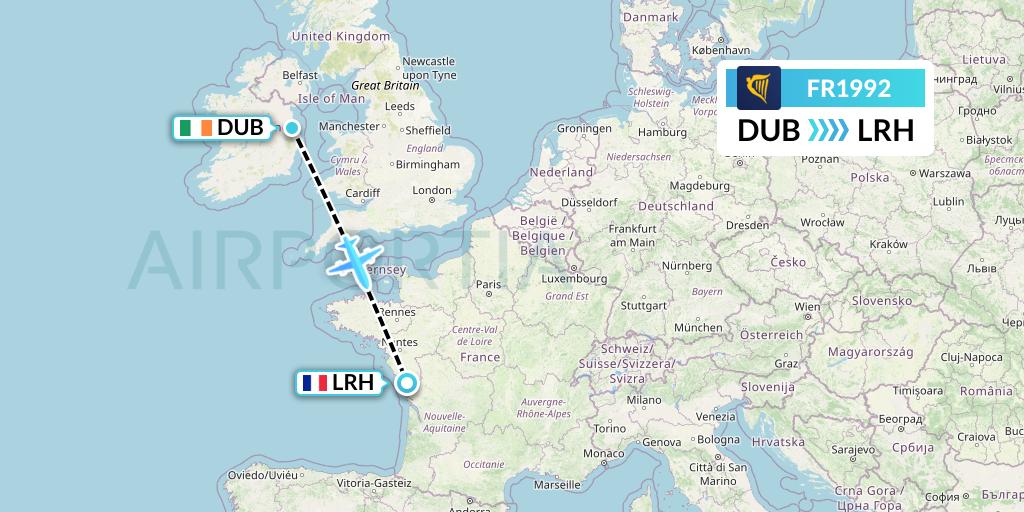 FR1992 Ryanair Flight Map: Dublin to La Rochelle