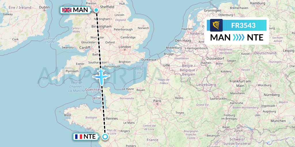 FR3543 Ryanair Flight Map: Manchester to Nantes