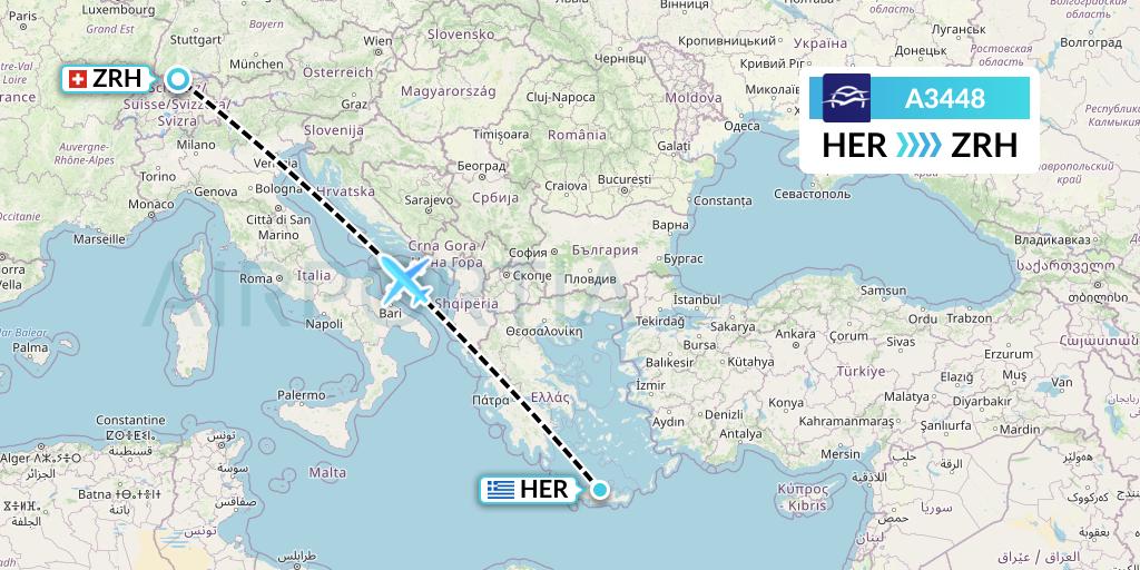 A3448 Aegean Airlines Flight Map: Heraklion to Zurich