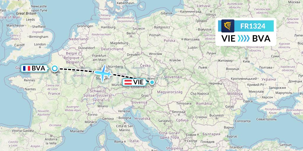 FR1324 Ryanair Flight Map: Vienna to Paris