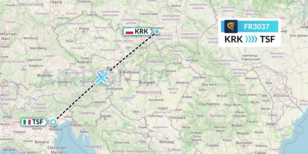 FR3037 Ryanair Flight Map: Krakow to Treviso