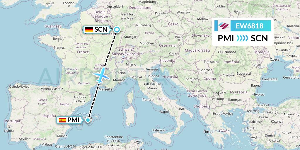 EW6818 Eurowings Flight Map: Palma de Mallorca to Saarbrucken