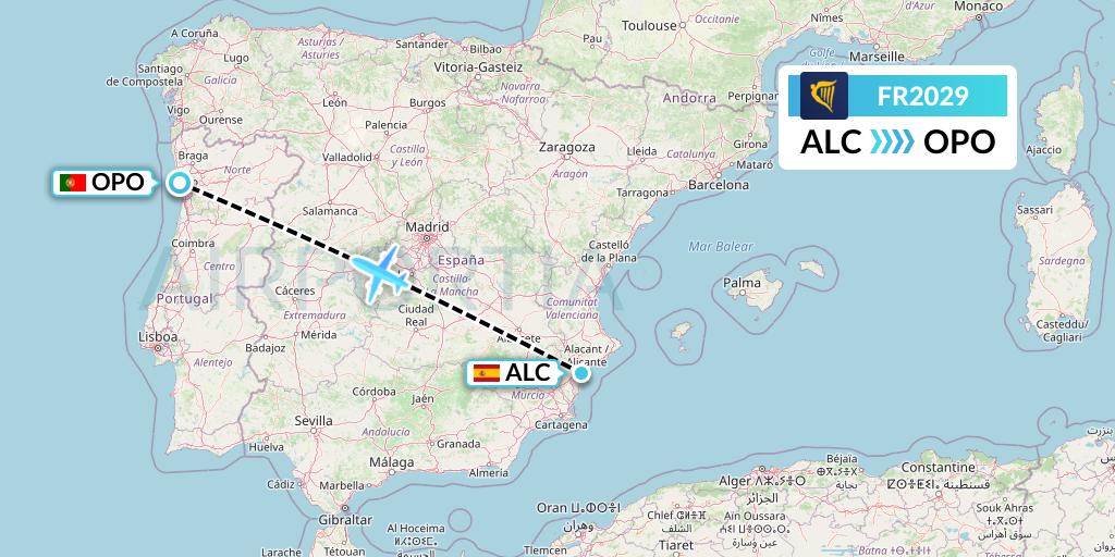 FR2029 Ryanair Flight Map: Alicante to Porto