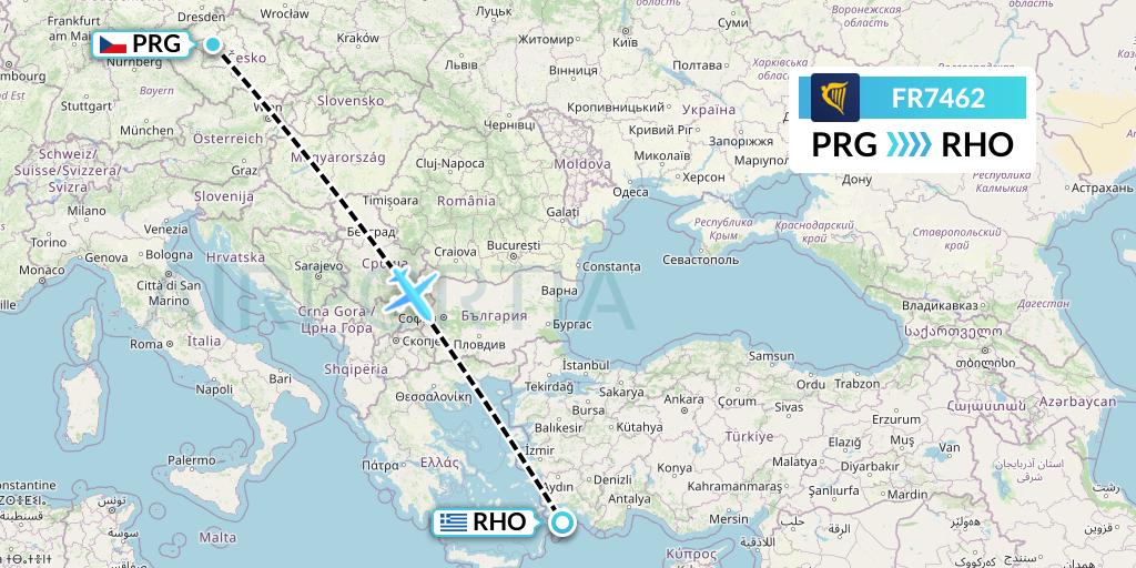 FR7462 Ryanair Flight Map: Prague to Rhodes