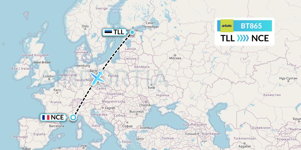 BT865 Air Baltic Flight Map: Tallinn to Nice