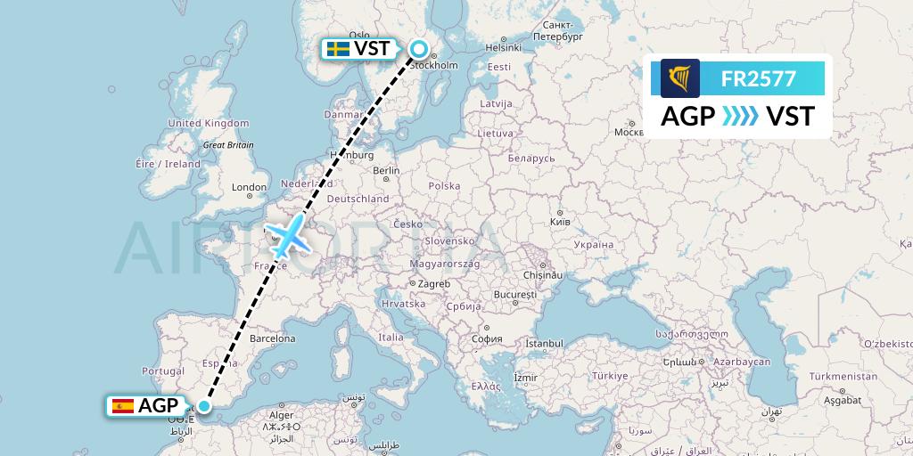 FR2577 Ryanair Flight Map: Malaga to Stockholm