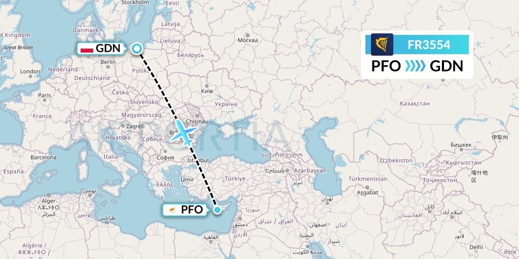 FR3554 Ryanair Flight Map: Pafos to Gdansk