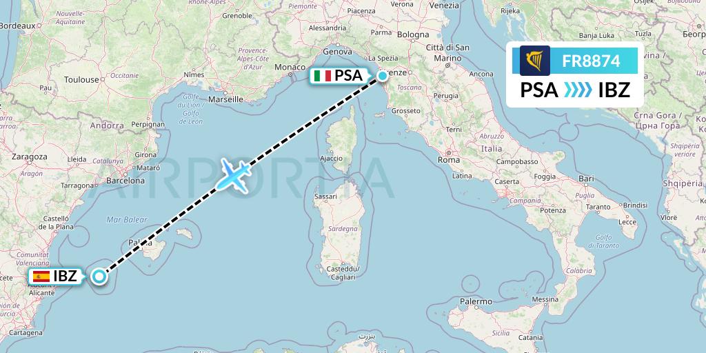 FR8874 Ryanair Flight Map: Pisa to Ibiza