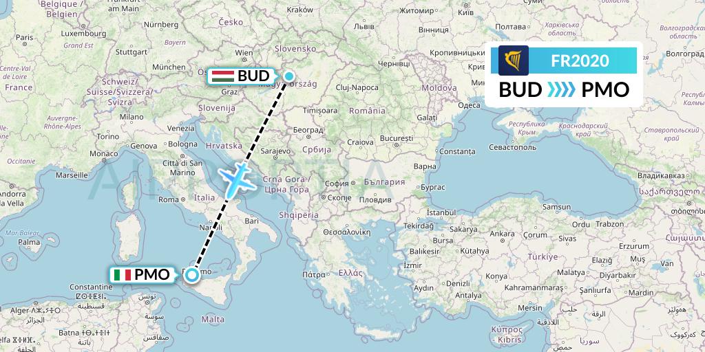 FR2020 Ryanair Flight Map: Budapest to Palermo