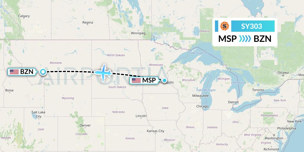 SY303 Sun Country Airlines Flight Map: Minneapolis to Bozeman