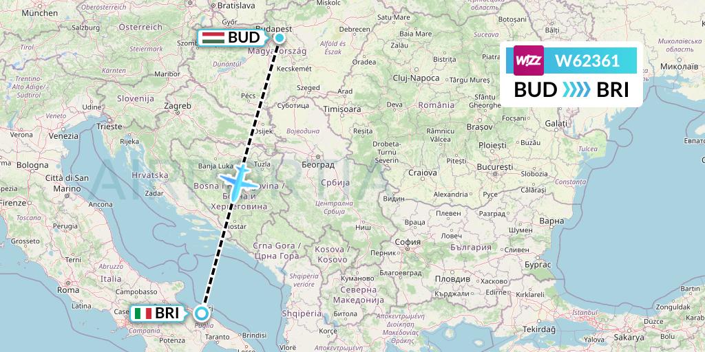 W62361 Wizz Air Flight Map: Budapest to Bari