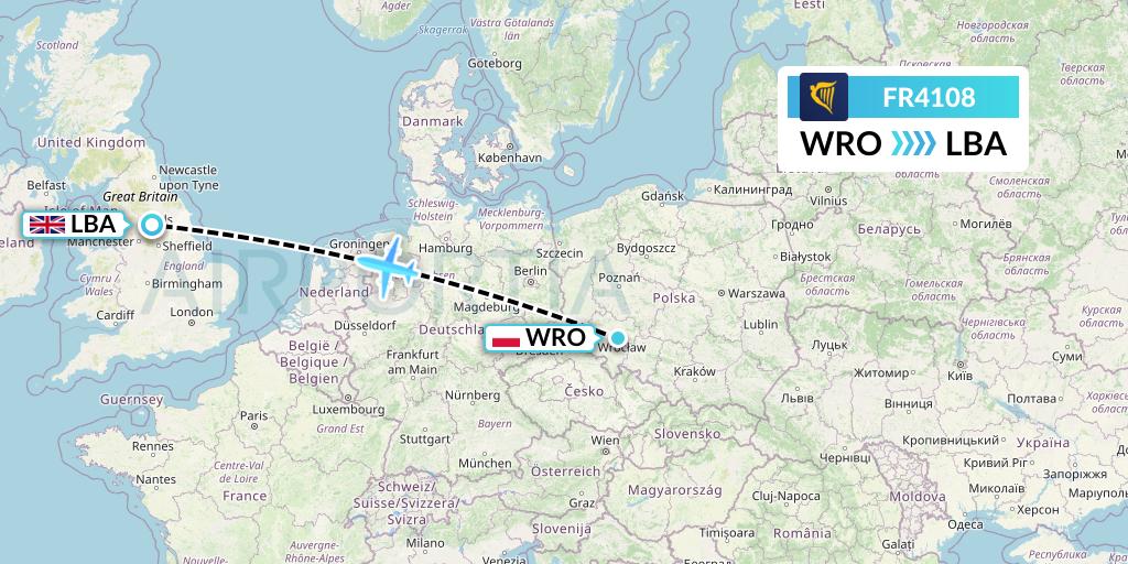 FR4108 Ryanair Flight Map: Wroclaw to Leeds