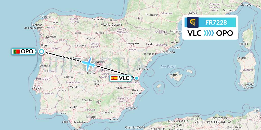 FR7228 Ryanair Flight Map: Valencia to Porto