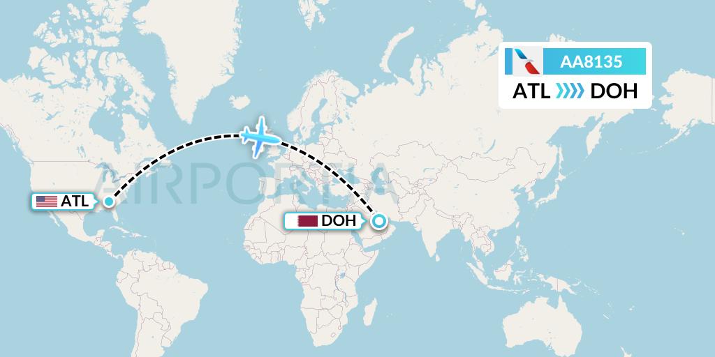 AA8135 American Airlines Flight Map: Atlanta to Doha