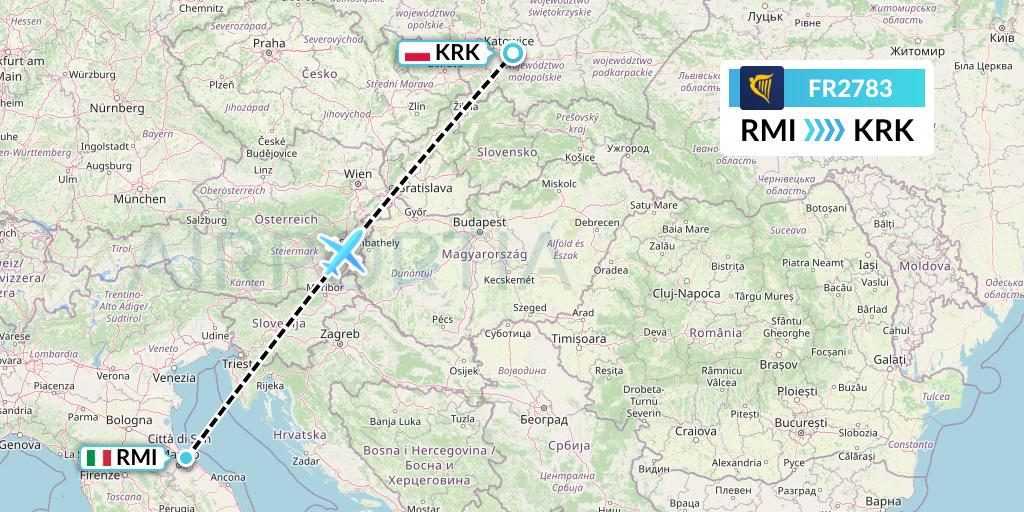 FR2783 Ryanair Flight Map: Rimini to Krakow