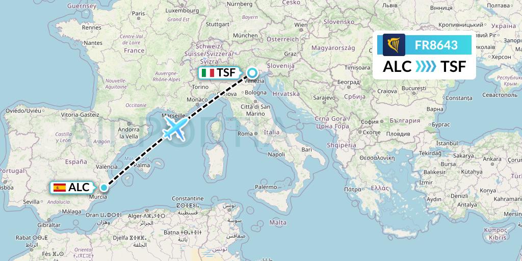 FR8643 Ryanair Flight Map: Alicante to Treviso