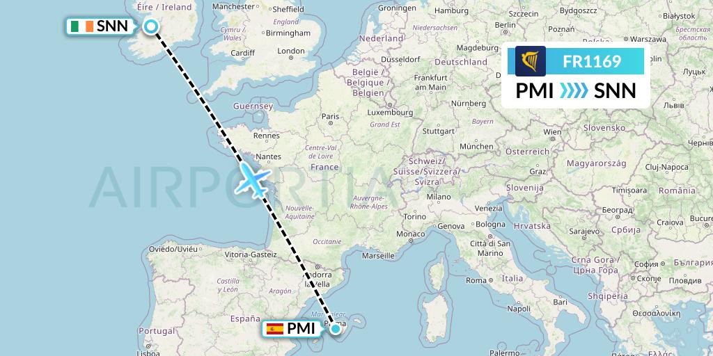 FR1169 Ryanair Flight Map: Palma de Mallorca to Shannon