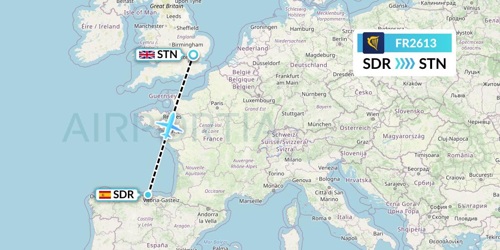 FR2613 Ryanair Flight Map: Santander to London