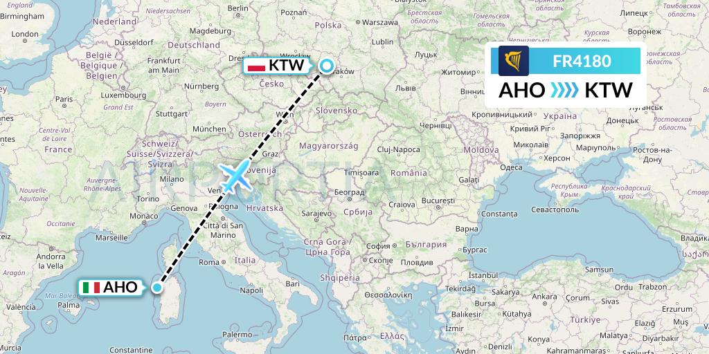FR4180 Ryanair Flight Map: Alghero to Katowice