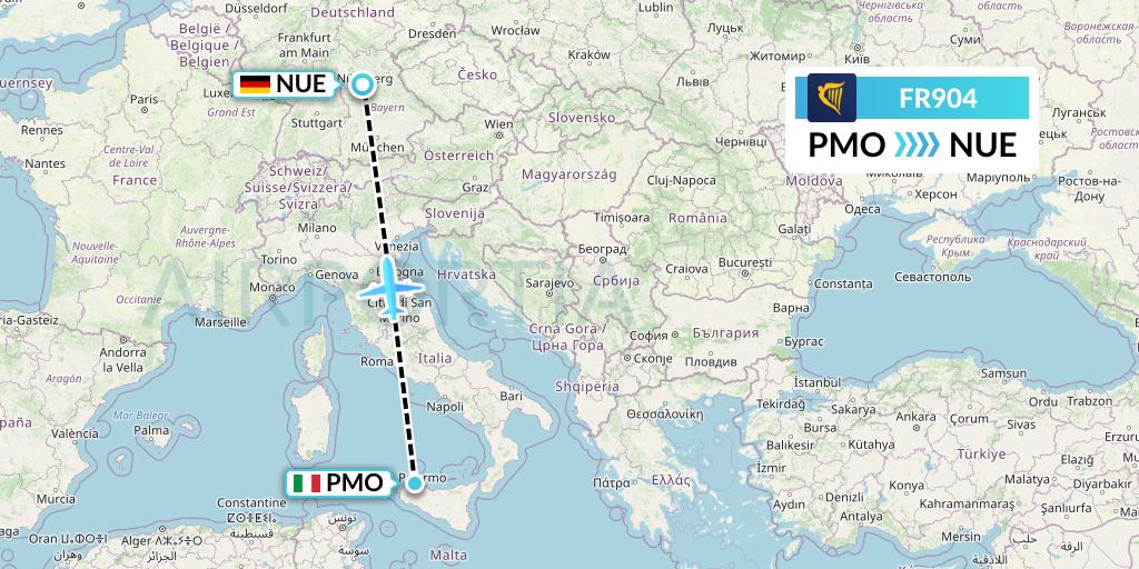FR904 Ryanair Flight Map: Palermo to Nurnberg