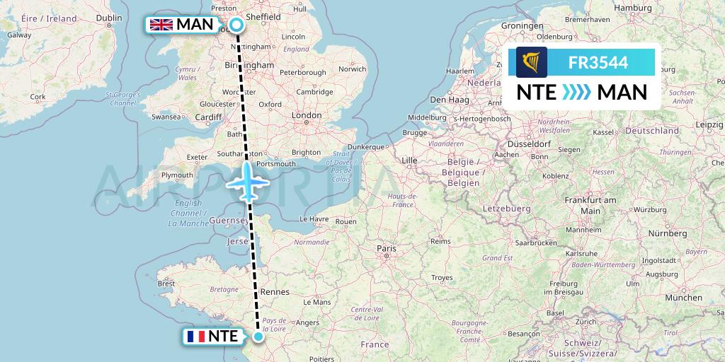 FR3544 Ryanair Flight Map: Nantes to Manchester