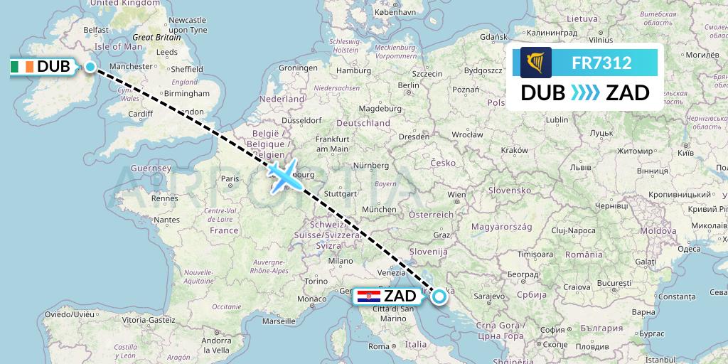 FR7312 Ryanair Flight Map: Dublin to Zadar