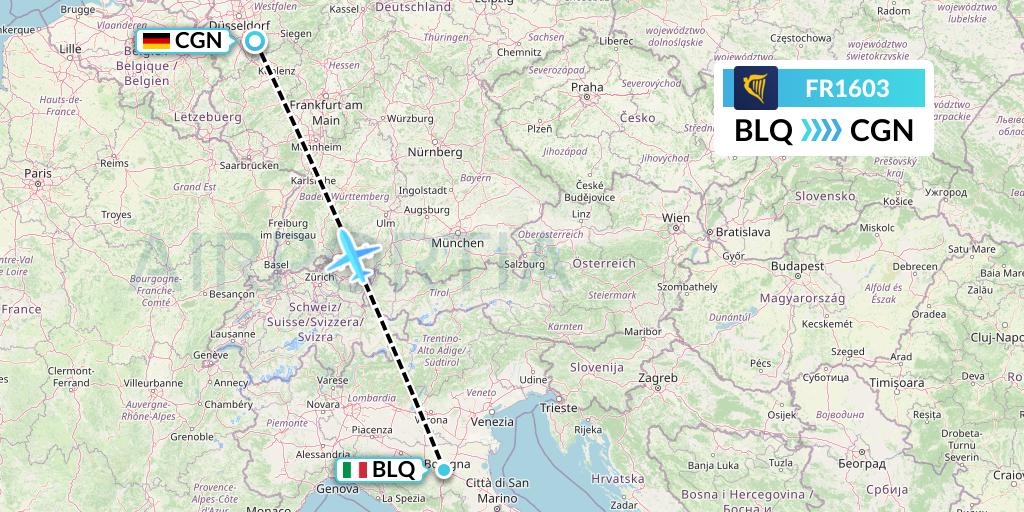 FR1603 Ryanair Flight Map: Bologna to Cologne