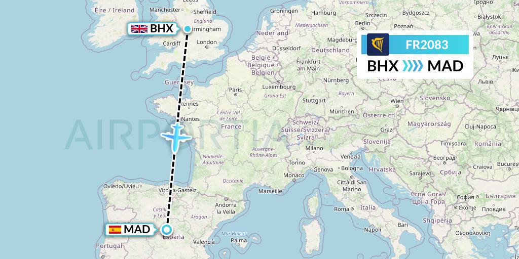 FR2083 Ryanair Flight Map: Birmingham to Madrid