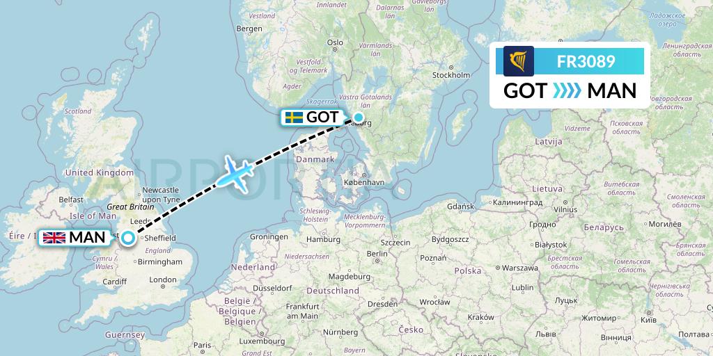 FR3089 Ryanair Flight Map: Gothenburg to Manchester